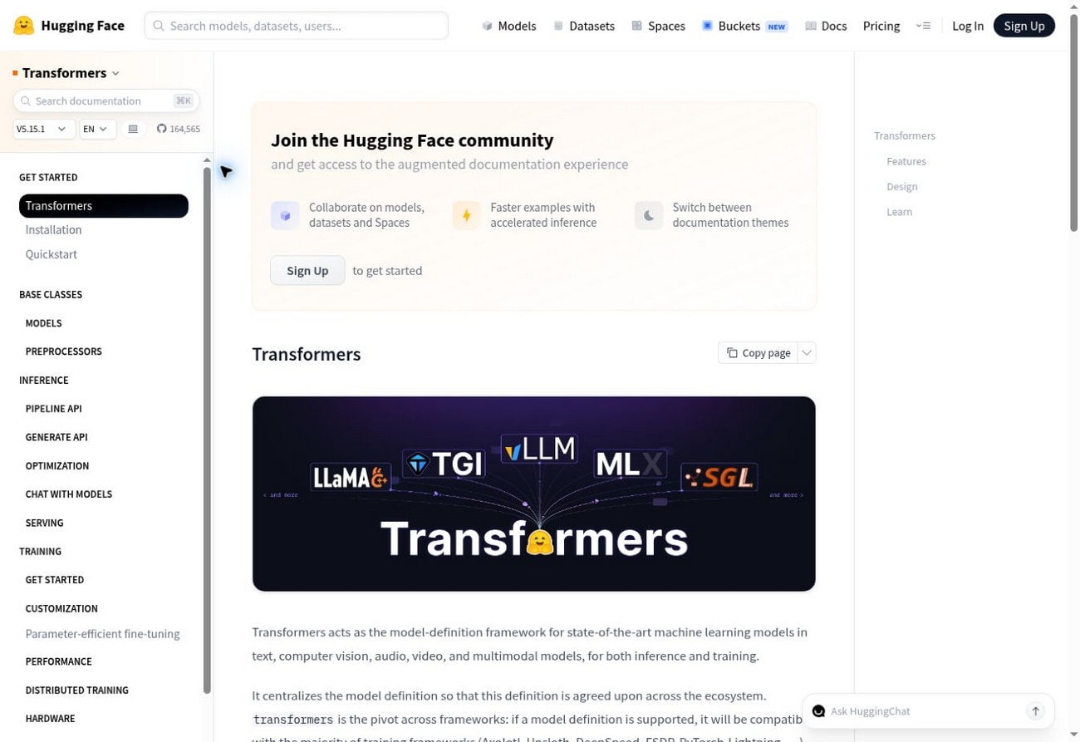 رابط کاربری مستندات کتابخانه ترنسفورمرز (Transformers) در سایت هاگینگ فیس (Hugging Face)