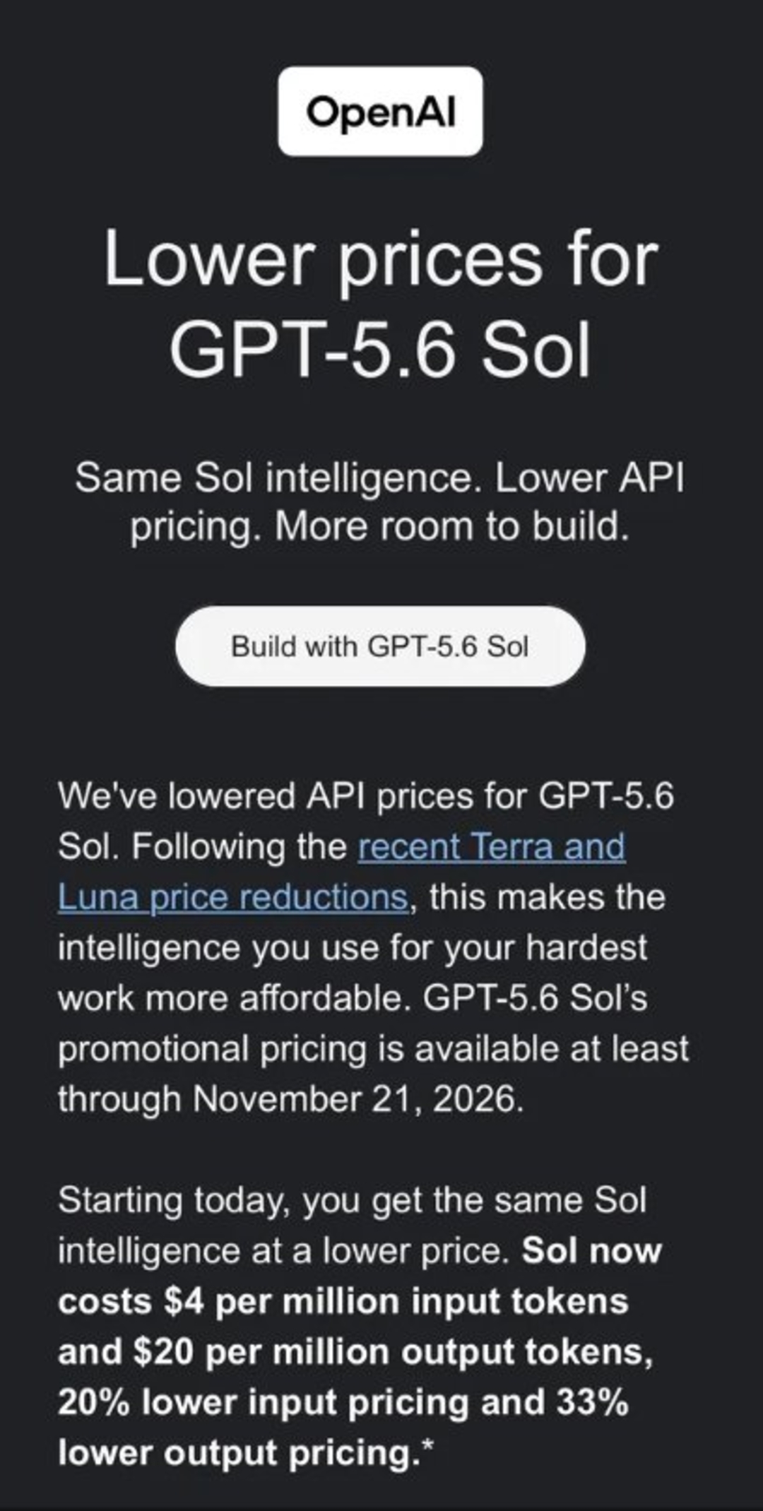 متن اعلامیه کاهش قیمت API مدل GPT-5.6 Sol از سوی شرکت OpenAI