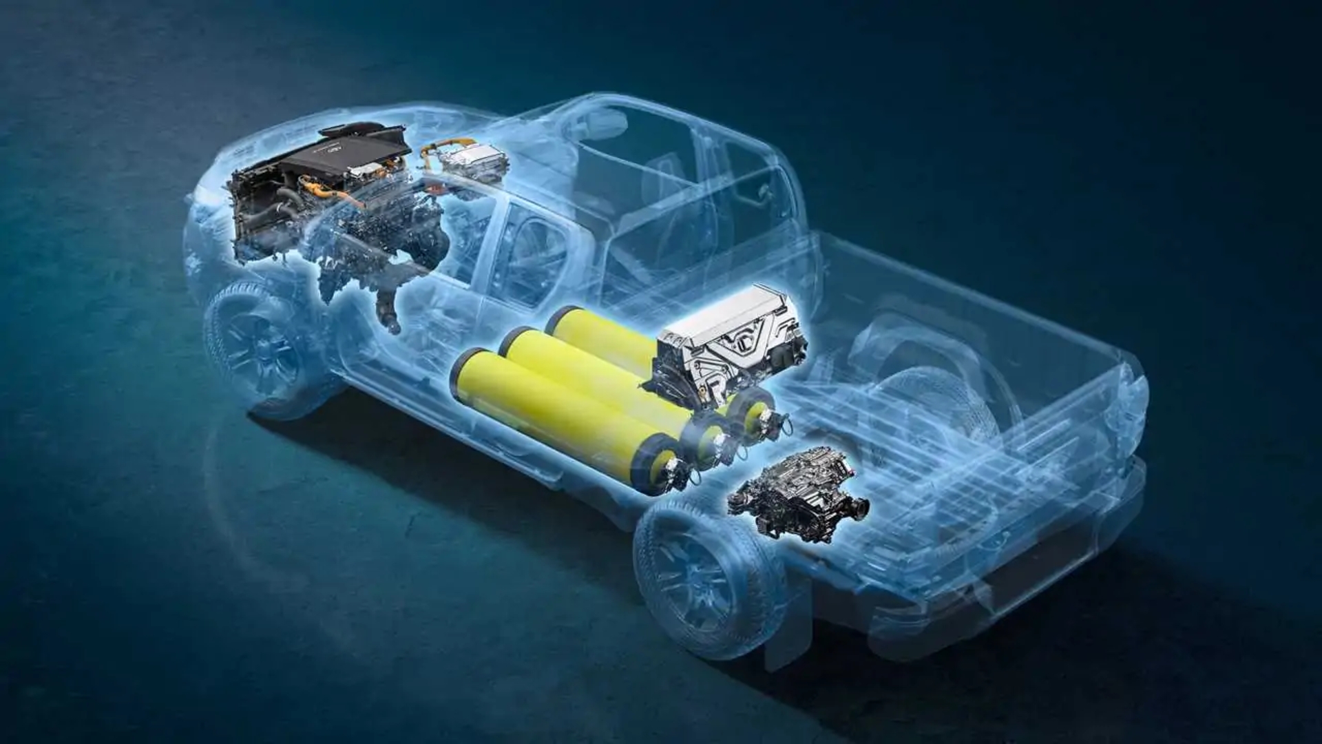 ساختار فنی خودرو تویوتا هایلوکس (Toyota Hilux) با نمایش سلولهای سوختی و مخازن هیدروژن
