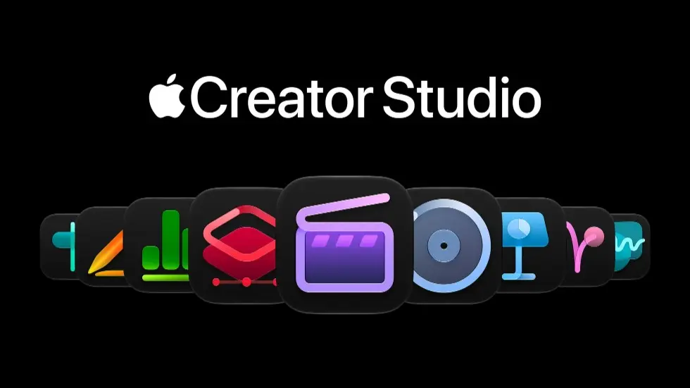 لوگوی اپل کریتور استودیو (Apple Creator Studio) و آیکون‌های ابزارهای ویرایش محتوا