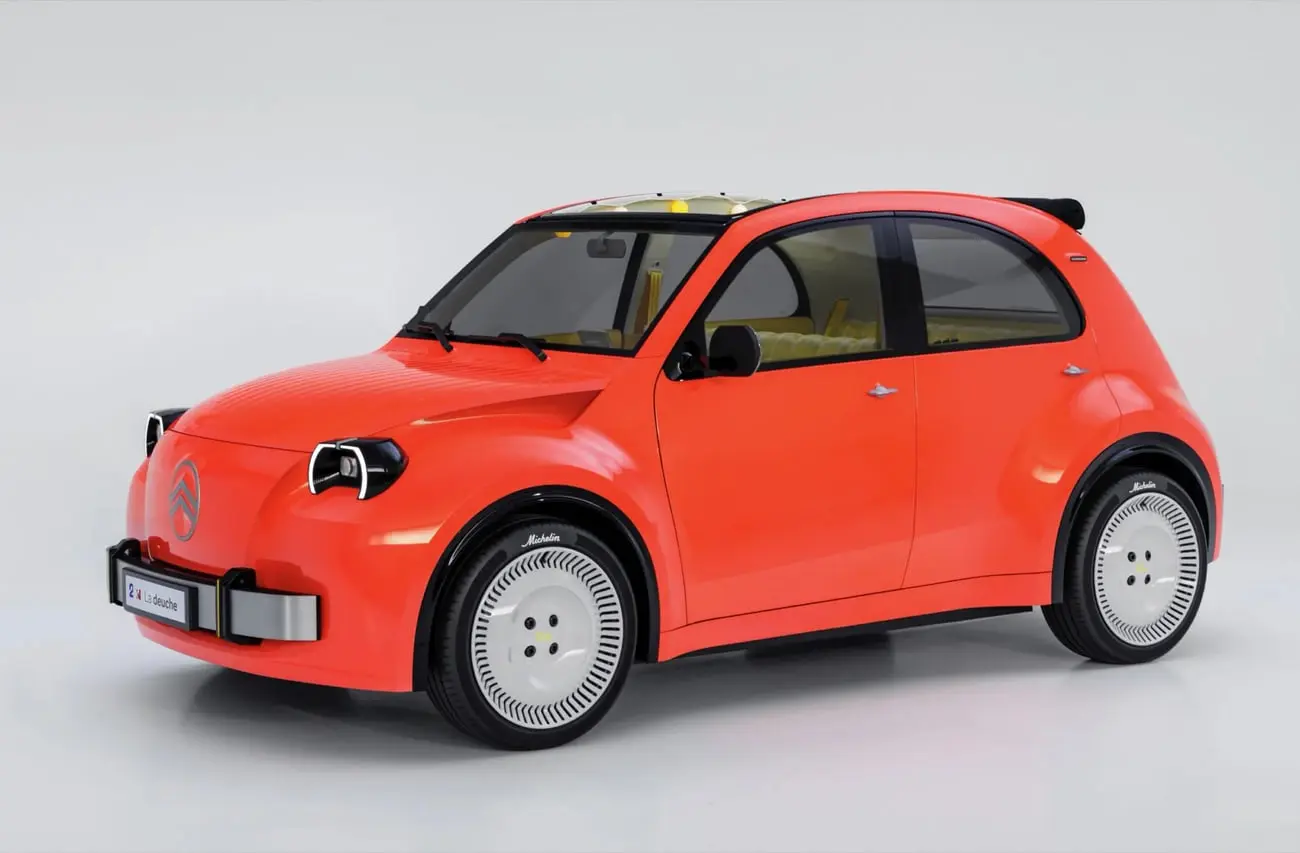 خودروی نارنجی رنگ سیتروئن (Citroën) 2CV با طراحی کلاسیک و موتور برقی
